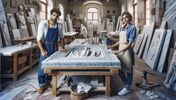 Una imagen de un atractivo marmolista o de una atractiva marmolista, ambos en su taller creando placas funerarias tradicionales. Las placas están diseñadas para nichos funerarios de pared. La imagen incluye la URL: https://www.lapidascadiz.com/. El taller tiene detalles que sugieren que se trata de un taller de mármol en Algeciras, Cádiz. Es una toma amplia que muestra el entorno del taller con losas de mármol, herramientas para tallar piedra y otros equipos típicos para esculpir mármol. Hay un banco de trabajo con una placa a medio terminar y las paredes tienen bocetos de diseño y placas de muestra en exhibición.