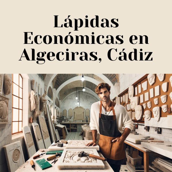 Una imagen de un atractivo marmolista o de una atractiva marmolista, ambos en su taller creando placas funerarias tradicionales. Las placas están diseñadas para nichos funerarios de pared. La imagen incluye la URL: https://www.lapidascadiz.com/. El taller tiene detalles que sugieren que se trata de un taller de mármol en Algeciras, Cádiz. Es una toma amplia que muestra el entorno del taller con losas de mármol, herramientas para tallar piedra y otros equipos típicos para esculpir mármol. Hay un banco de trabajo con una placa a medio terminar y las paredes tienen bocetos de diseño y placas de muestra en exhibición.