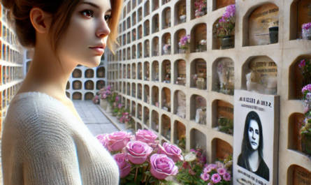 Imagen hiperrealista de una mujer joven de entre 25 y 35 años, de pie ante una pared de nichos de columbario. Está mirando una lápida en la que aparece la fotografía de un familiar, con una expresión de paz en el rostro. Lleva flores en las manos. La escena está ambientada en un cementerio de Ceuta, con la decoración y el contexto adecuados que indican la ubicación. El fondo incluye nichos con otras lápidas y decoraciones conmemorativas. https://www.lapidascadiz.com/