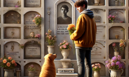 Imagen hiperrealista de una persona joven (de unos 25-35 años) con su perro, de pie delante de una lápida en un cementerio. Están mirando la lápida, que forma parte de una pared de nichos, osarios o columbarios. La lápida tiene una foto de un familiar fallecido. El joven lleva flores en las manos. La escena es tranquila, con un ambiente que sugiere que están en La Barca de la Florida, una localidad de Jerez de la Frontera, Cádiz. El escenario tiene adornos que refuerzan el contexto del cementerio. https://www.lapidascadiz.com/