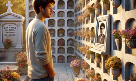 Un hombre joven de entre 25 y 35 años, de pie ante un muro de nichos con una lápida. La escena es tranquila, y el hombre sostiene unas flores, mirando la lápida. La lápida tiene la foto de un familiar. El escenario es el cementerio de San Pablo de Buceite, Cádiz, con decoraciones y elementos típicos de esta localidad. El ambiente es respetuoso y sereno, captando las emociones del recuerdo. La imagen debe ser hiperrealista y de aspecto cuadrado. https://www.lapidascadiz.com/