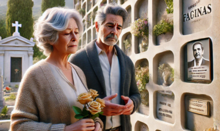 Imagen hiperrealista de una pareja madura de entre 55 y 60 años, de pie ante una pared de nichos en un cementerio. Están mirando una lápida con la foto de un familiar fallecido. La mujer lleva flores en la mano, y ambos tienen expresiones pacíficas. El cementerio se encuentra en Facinas, un pueblo del municipio de Tarifa, comarca del Campo de Gibraltar, Cádiz. La escena es serena, con la decoración apropiada para el cementerio, captando la emoción y los recuerdos del momento. https://www.lapidascadiz.com/