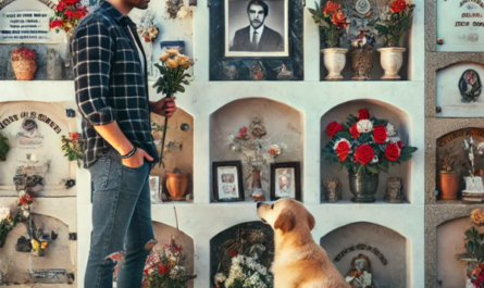 Un joven de unos veinte o treinta años está de pie junto a una lápida, mirándola con expresión pacífica. Lleva flores en la mano. A su lado, hay un perro sentado que también mira la lápida. La lápida forma parte de una pared de nichos, osarios o columbarios, en la que hay una foto de un familiar fallecido. La escena está decorada y ambientada en el cementerio de Tahivilla, localidad del municipio de Tarifa, en el Campo de Gibraltar, Cádiz. El ambiente es sereno, y el joven y el perro están en actitud reflexiva. https://www.lapidascadiz.com/