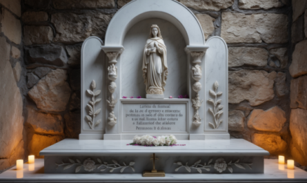 Una lápida de mármol blanco Macael, pulida y adaptada para encajar perfectamente en un nicho de pared de un cementerio andaluz. En la parte superior central, destaca una talla artesanal de la Virgen del Carmen, patrona de los marineros, con detalles finamente elaborados que reflejan su manto y corona. Debajo de la escultura, se encuentra una inscripción en letras doradas con el nombre del difunto, fechas de nacimiento y fallecimiento, y una breve dedicatoria, todo ello en una tipografía clásica y elegante. A ambos lados de la inscripción, hay grabados de ramas de olivo, simbolizando la paz eterna. El borde de la lápida está decorado con motivos florales en bajo relieve, inspirados en la flora típica de la región gaditana. La base de la lápida incluye un pequeño soporte integrado para colocar velas o flores, permitiendo a los familiares rendir homenaje de manera personalizada. La iluminación natural resalta los detalles de la escultura y los grabados, creando un juego de luces y sombras que aporta profundidad y solemnidad a la composición.
