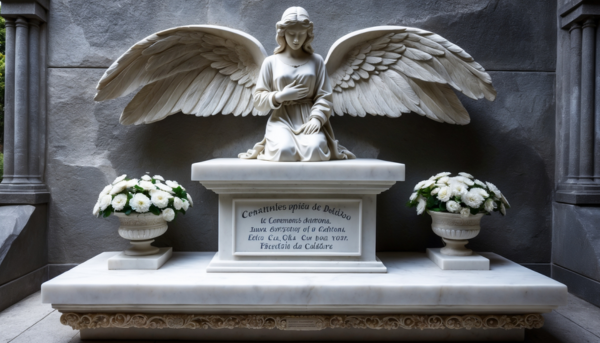 Una lápida de mármol blanco pulido, diseñada para encajar perfectamente en un nicho de pared de un cementerio andaluz. En la parte superior central, destaca una escultura tallada a mano de un ángel custodio, con alas extendidas y expresión serena, simbolizando protección y paz. El ángel sostiene una flor de azucena, representando la pureza y la esperanza. Debajo de la escultura, se encuentra una inscripción en letras doradas con el nombre del difunto, fechas de nacimiento y fallecimiento, y una breve dedicatoria, todo ello en una tipografía clásica y elegante. A ambos lados de la inscripción, hay grabados de ramas de olivo, simbolizando la paz eterna. El borde de la lápida está delicadamente decorado con motivos florales en bajo relieve, inspirados en la flora típica de la región gaditana. La base de la lápida incluye un pequeño soporte integrado para colocar velas o flores, permitiendo a los familiares rendir homenaje de manera personalizada. La iluminación natural resalta los detalles de la escultura y los grabados, creando un juego de luces y sombras que aporta profundidad y solemnidad a la composición.